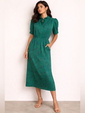 Vintage Emerald Paisley Silky Midi Dress Ruffle Neck Eaton Size 7